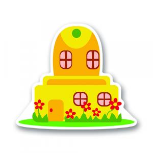 Яркий сказочный домик, окруженный травой и цветами.