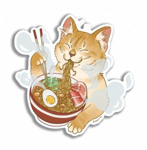 Милый котик ест рамен