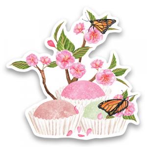 Десерт моти и ветки сакуры с бабочками
